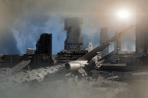 вид разрушенного постапокалиптического города 3D рендеринг
 - Фото, изображение