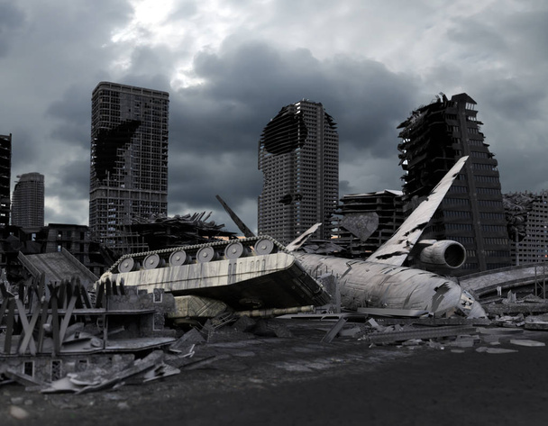 vista da cidade pós-apocalíptica destruída 3D render
 - Foto, Imagem