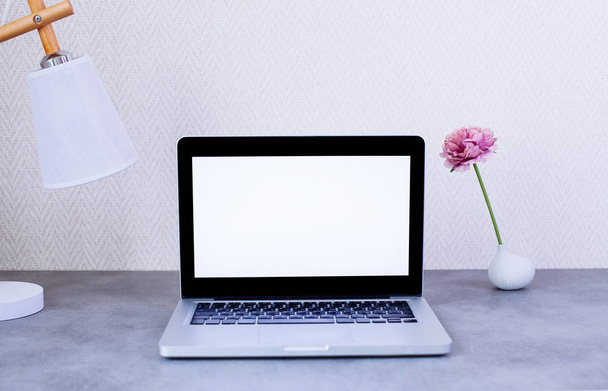 Front view of desktop with blank laptop and decorative items  - Foto, Imagem