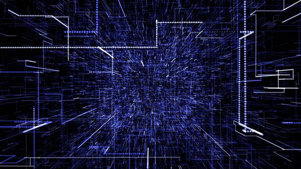 青い抽象仮想空間。デジタルデータトンネルを飛ぶ3Dイラスト。データトンネルの旅、デジタル情報の伝送。ハイテクサイバースペースライン&ドットの未来的な3Dレンダリング. - 写真・画像