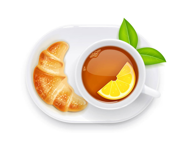 Tea cup and croissant on plate. Traditional hot drink. Vector. - Vetor, Imagem