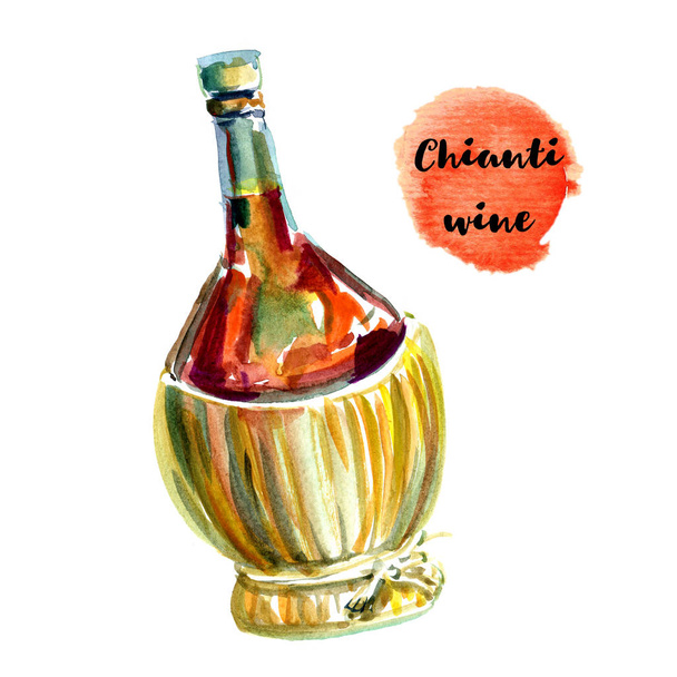 Une seule bouteille de vin Chianti fiasco avec une base panier en osier. Format vertical isolé sur illustration aquarelle peinte à la main blanche
 - Photo, image