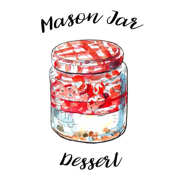 Vintage mason kavanozda taze kırmızı çilek ve yoğurt ile gecelik yulaf. Sağlıklı hızlı kahvaltı. Yulaf ezmesi kısmı çilek ile katmanlı. Suluboya ve mürekkepte el çizimi çizim illüstrasyonu - Fotoğraf, Görsel