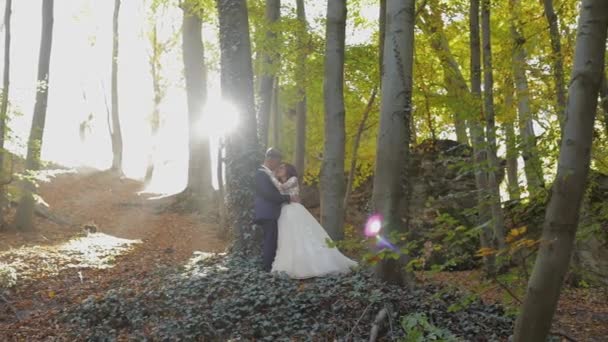 森の公園で花嫁と新郎。結婚式のカップル。幸せな家族 - 映像、動画