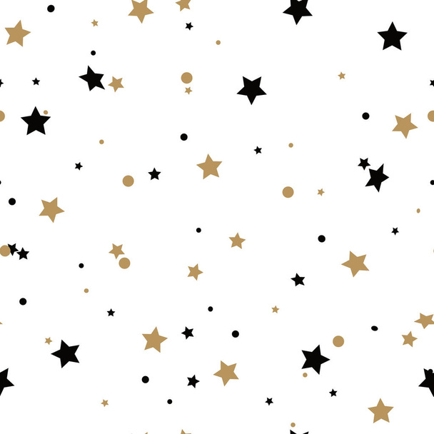 Cute festive background with gold falling stars. Holiday seamless pattern. Ornament for gift wrapping paper, fabric, clothes, textile, surface textures, scrapbook. Christmas star. Eps10 - Vector, imagen