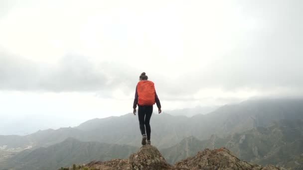 Mladá žena chodí vysoko v horách mezi kaktiry nad oceánem. Dáma na vrcholu nádherné scenérie pozoruji oceánský oceán na Kanárských ostrovech, Tenerife. - Záběry, video