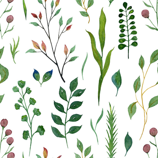 Seamless watercolor illustration. Green branches of plants and l - Fotoğraf, Görsel