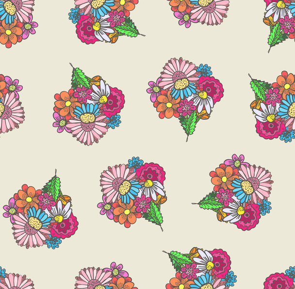 Cute doodle pattern with sketchy flowers bouquets - Вектор,изображение