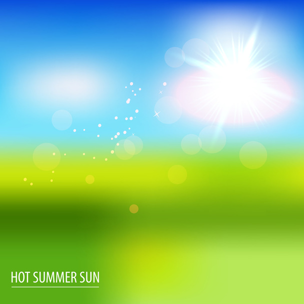 Green field and blue sky with summer sun. Vector illustration. - Vector, Image