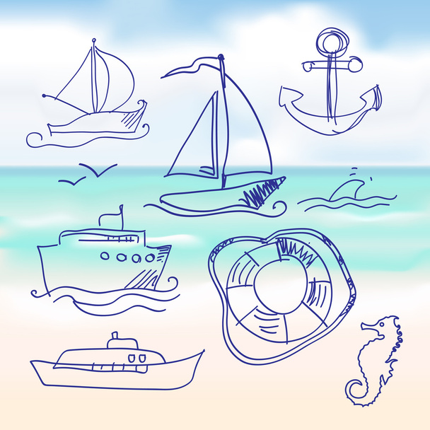 Set da mare e barca disegnata a mano. Vettore
 - Vettoriali, immagini