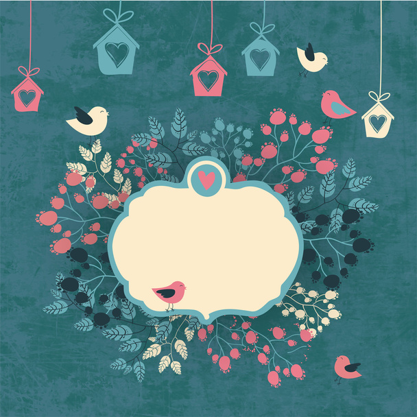 Vintage floral background with cute birds in pastel colors - Vector, Image