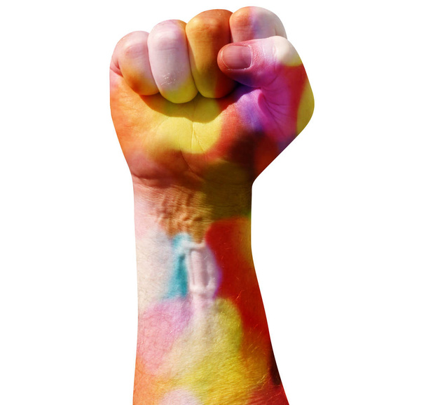 Punho cerrado levantado em cores do arco-íris isolado no fundo branco. LGBT lésbica e gay ou socialismo, comunismo, revolução, trabalhador e poder para o conceito de povo
  - Foto, Imagem