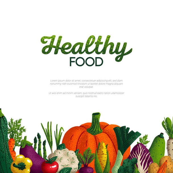 Healthy food banner design. Variety of decorative green vegetables with grain texture on white background. Farmers market, Organic food poster or banner design. Vector illustration. - Vector, Image