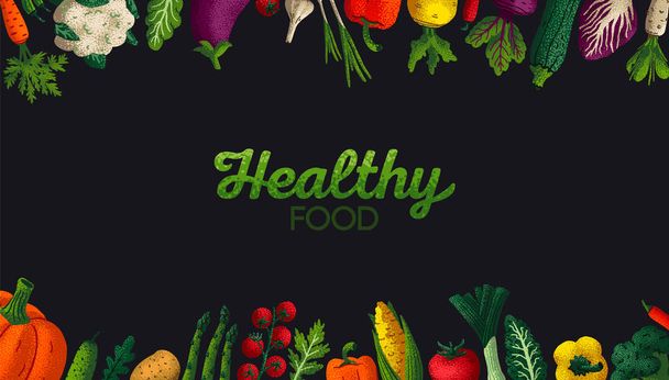 Wide horizontal Healthy food background. Copy space. Variety of decorative vegetables with grain texture on dark background. Farmers market, Organic food poster, cover or banner design. Vector. - ベクター画像