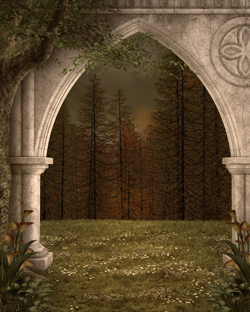 Arco antigo no meio da floresta de abetos, ilustração 3D
 - Foto, Imagem