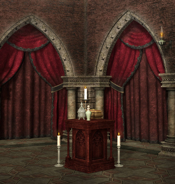 Загадочная комната волшебника с зельями, 3D иллюстрацией
 - Фото, изображение