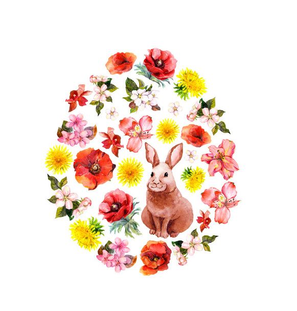 Easter egg shape - bunny, red, yellow spring flowers, poppies. Floral watercolour - Fotografie, Obrázek