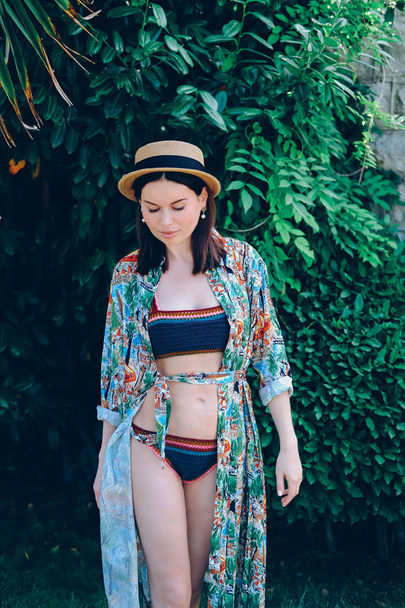 Sexy woman in bikini enjoy in tropical resort - 写真・画像