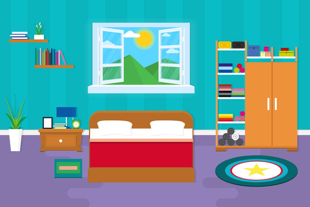 bedroom interior design with big bed and accessories, vector and illustration  - Vector, Image