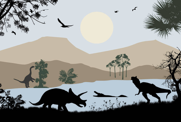 Dinosaurs silhouettes in beautiful landscape near river, vector illustration - Vector, Image