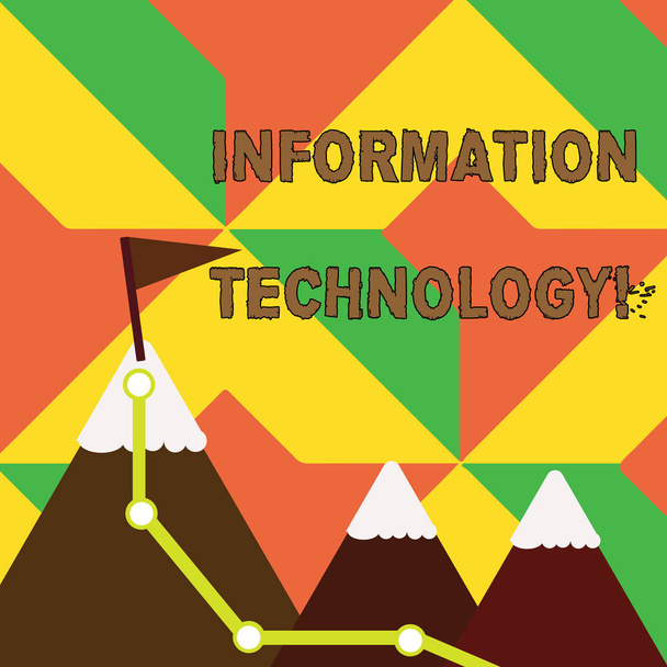Word writing text Information Technology. Business concept for Science and activity of using computer systems Three Mountains with Hiking Trail and White Snowy Top with Flag on One Peak. - Photo, Image