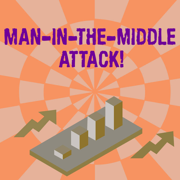Текст слова Man In The Middle Attack. Бизнес-концепция для общения между двумя пользователями контролируется красочной кластеризованной 3D-диаграммой барной стойки в перспективе с двумя стрелками
. - Фото, изображение