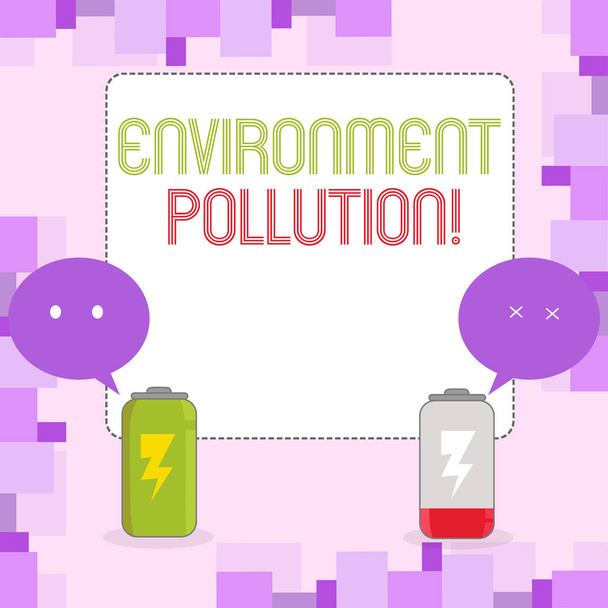 Εννοιολογική γραφή στο χέρι που δείχνει περιβαλλοντική ρύπανση. Φωτογραφικό κείμενο των επιχειρήσεων οι μολυσματικές προσμείξεις στο φυσικό περιβάλλον πλήρης φόρτιση και εκκένωση της μπαταρίας με φούσκα ομιλίας emoji. - Φωτογραφία, εικόνα