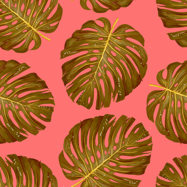 tropical botanical plants, background with leaves of coconut and banana design card jungle leaf background design vertical frame living coral color background - Фото, изображение