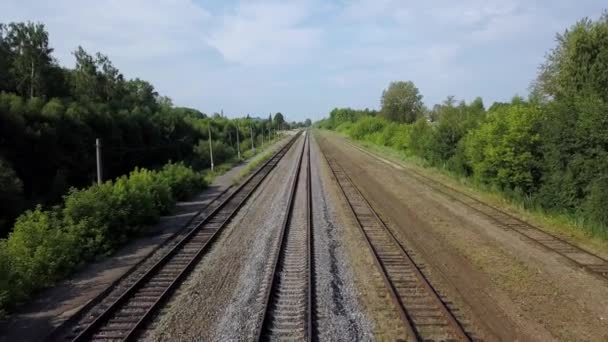 Quattro file di lunghe ferrovie lungo la linea verde di cespugli e alberi
 - Filmati, video
