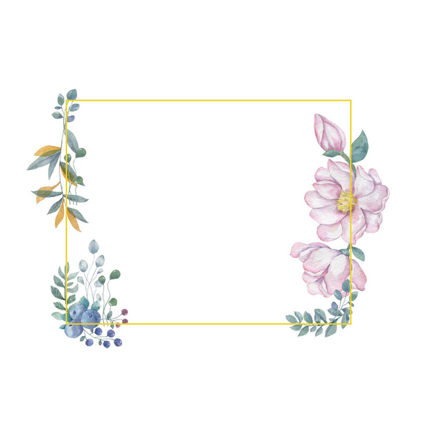 Watercolor flowers and leaves wreath. Gold frame illustration. square clip art branch for celebration, widding, invite card white background Vintage style - Fotó, kép