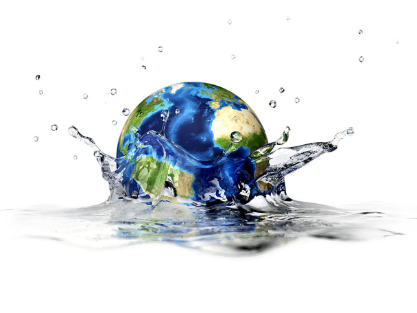 Planet Erde, fällt in klares Wasser und bildet einen Kronenspritzer. - Foto, Bild