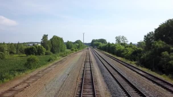 Вид на квадрокоптер порожніх довгих залізниць, що прокладені вздовж зеленої лінії лісових дерев
. - Кадри, відео