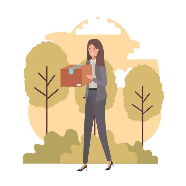 young woman with cardboard box in landscape - Vector, Image