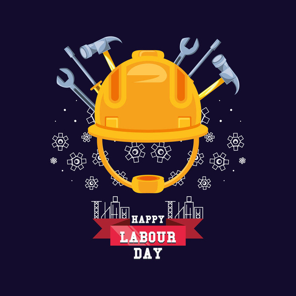 happy labour day with helmet security and tools - Vector, Image