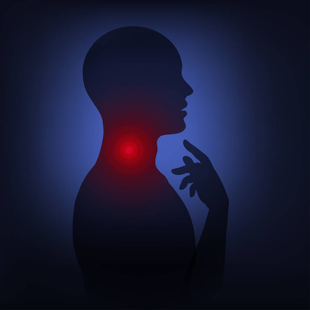 Man silhouette throat irritation, sore throat, symptom of flu, health problems. Vector illustration neon light style, low poly with dark background.  - Vector, Image