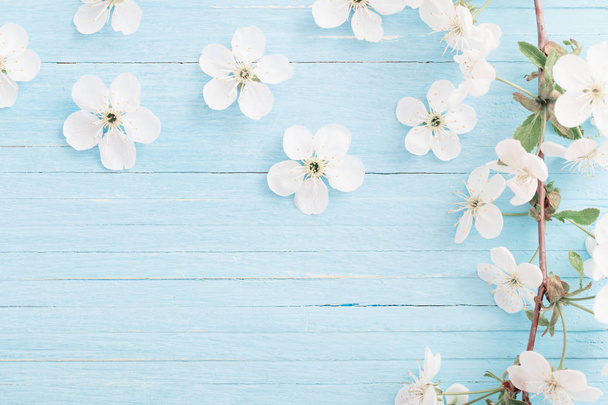 spring flowers on blue wooden background - Photo, image