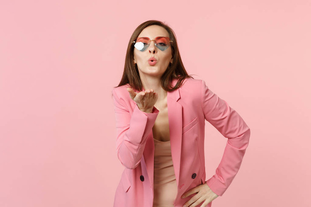 Portrait of pretty stunning tender young woman in heart glasses  - Foto, imagen
