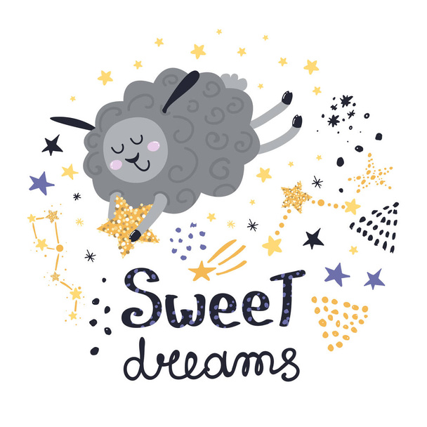 Poster with sheep, stars and lettering. - Vector, Image