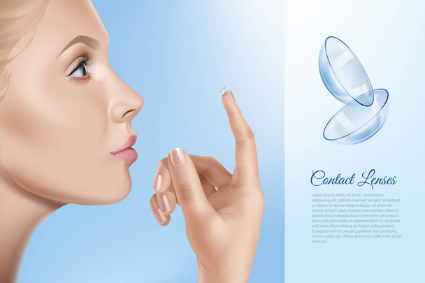 Ilustración vectorial de cara femenina y contactos para visión en mano, mujer aplicando lentes de contacto
 - Vector, Imagen