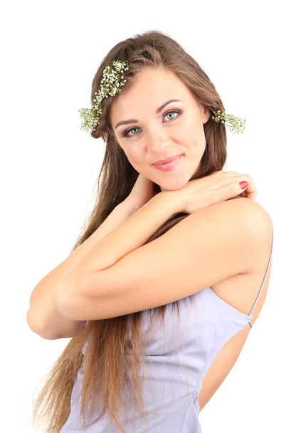 Young woman with beautiful hairstyle and wreath, isolated on white - Foto, afbeelding