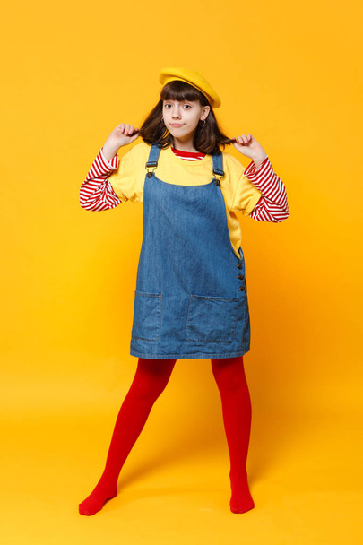 Full length portrait of cute girl teenager in french beret and d - Foto, afbeelding