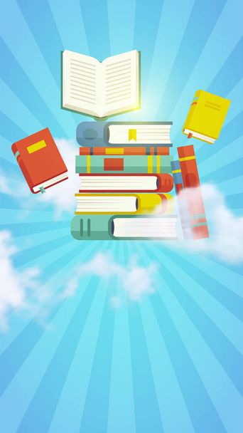 Σωρός από βιβλία με σύννεφα σε μπλε φόντο - Διάνυσμα, εικόνα