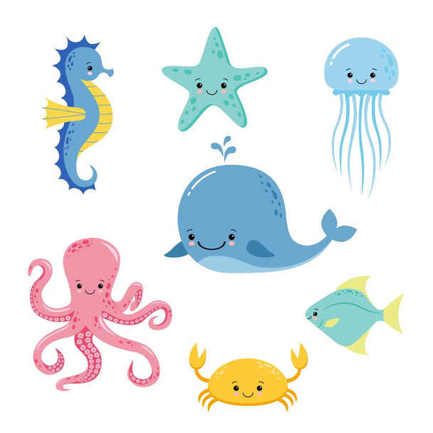 Cute baby sea fishes. Vector cartoon underwater animals collection. Jellyfish and starfish, ocean and sea life illustration - ベクター画像
