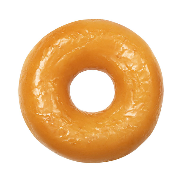 Donut con acristalamiento aislado sobre fondo blanco. Una rosquilla esmaltada redonda de color amarillo brillante. Vista frontal. Vista superior
 - Foto, imagen