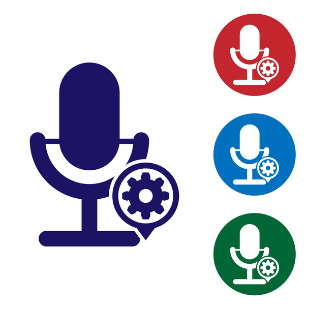 Blue Microphone and gear icon isolated on white background. Adjusting app, service concept, setting options, maintenance, repair, fixing. Set color icon in circle buttons. Vector Illustration - Vector, Image