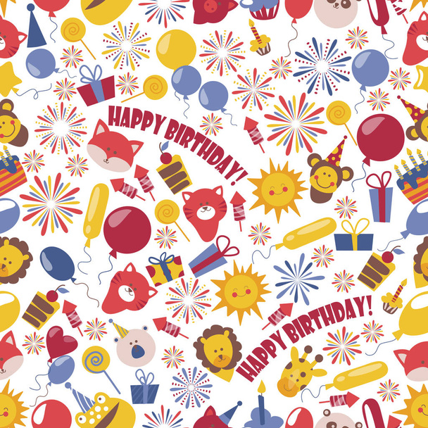 Happy birthday badges seamless pattern vector illustration. Balloons, salute, piece of cake, cat, fox, giraffe, lion, monkey, present, gift, cupcake with candle, smily sun. - ベクター画像