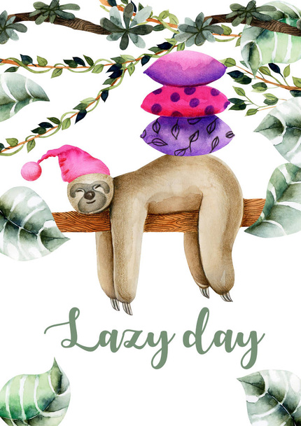 Card template with watercolor sleeping sloth, hand drawn on a white background - Photo, Image