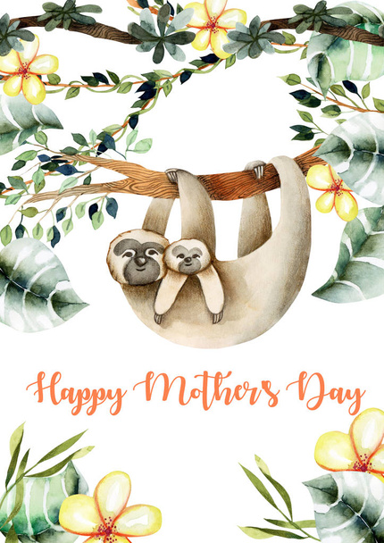 Карточка шаблон с акварелью матери ленивца и ребенка, День матери дизайн открытки
 - Фото, изображение