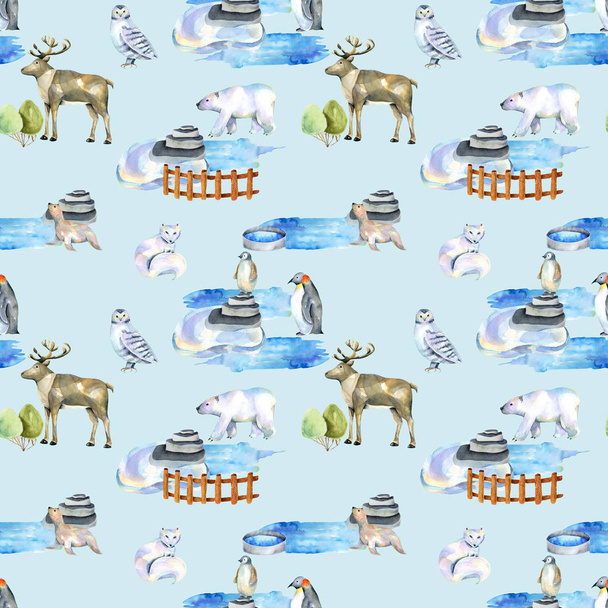Acuarela de animales polares en el zoológico patrón sin costuras, dibujado a mano sobre un fondo azul
 - Foto, imagen