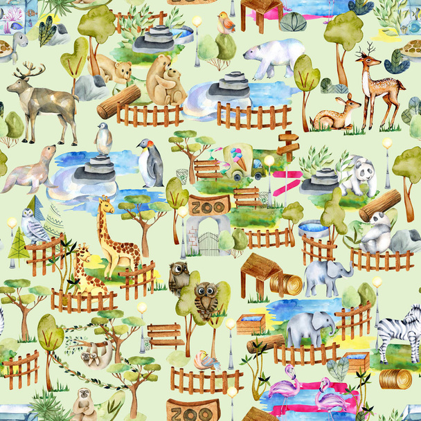 動物園の水生動物のシームレスなパターン、緑の背景に描かれた手 - 写真・画像